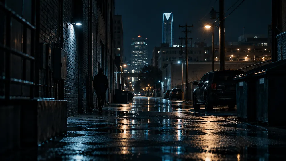 A wet brick alley at night, a lone figure walking beside the wall and a lit tower at the end of the street