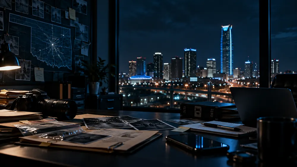 A desk at night with a camera, file folders, printed photographs, a notebook and a laptop, below a wall map of Oklahoma