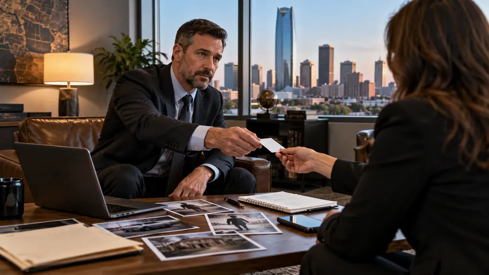A man in a suit hands a card to a woman across a coffee table covered with printed photographs, a notebook and a laptop