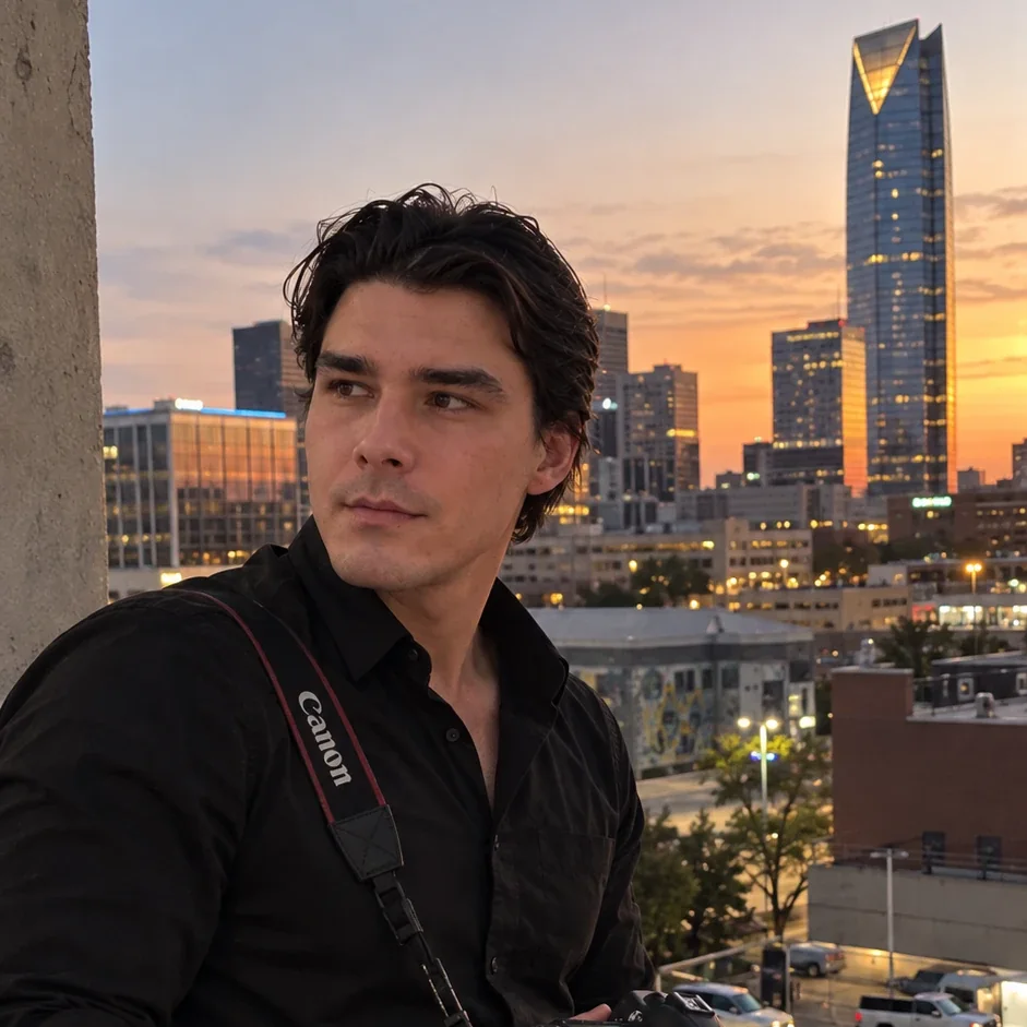 Daniel Fuller, licensed private investigator, a camera strap over one shoulder, on a rooftop above the Oklahoma City skyline at sunset