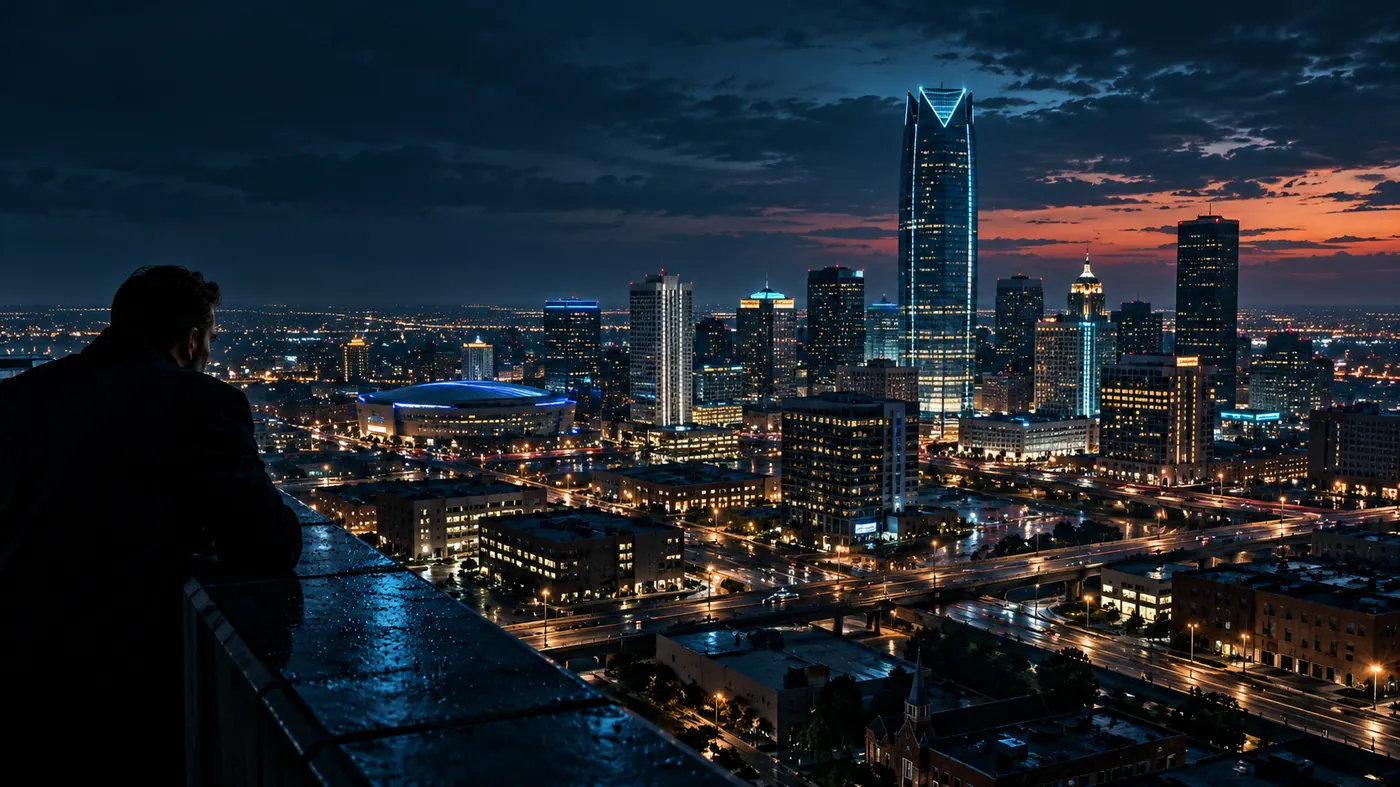 A man in a dark coat, seen from behind, leaning on a rain-wet rooftop ledge above the Oklahoma City skyline at night