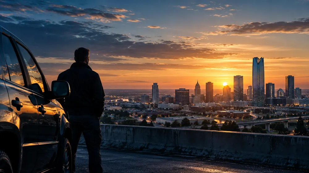 A man standing beside a parked car at the edge of a parking deck, looking over the Oklahoma City skyline at sunset