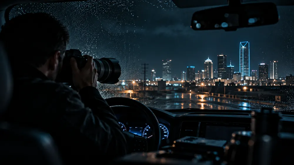 A man in a parked car at night aiming a long-lens camera through a rain-flecked windshield toward the city